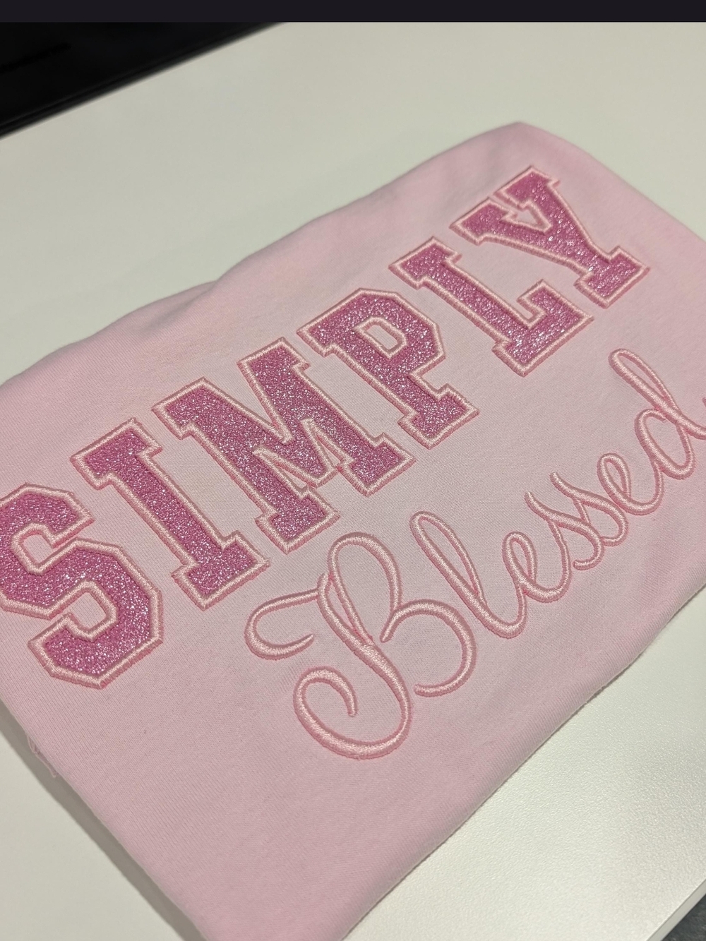 3D Embroidered Simply Blessed Pink T-shirt With Glitter